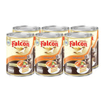 Falcon evaporated milk 375g cans, six-pack, dry grocery product with cans stacked side by side.
