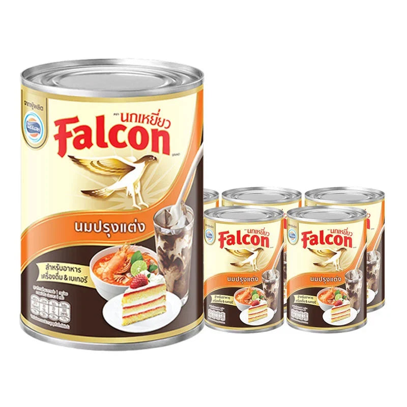 Falcon evaporated milk 375g cans, pack of six, in a dry grocery product image showing the cans stacked.