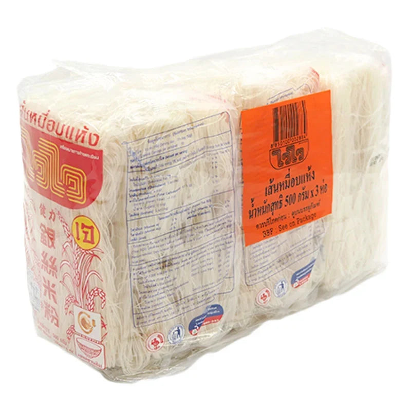 WAIWAI White Noodle 500g pack, dry grocery product, stacked in clear plastic packaging with WAIWAI branding visible.