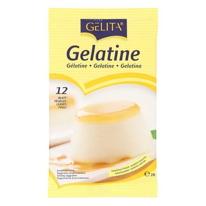 Box of five 20g GELITA Gelita Gelatine dry grocery packets, showing the product packaging with branding and label details.