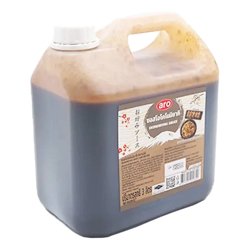 Aro Okonomi Sauce 3L bottle, a Japanese-style dry grocery condiment with a dark, flavorful sauce in a large plastic container.