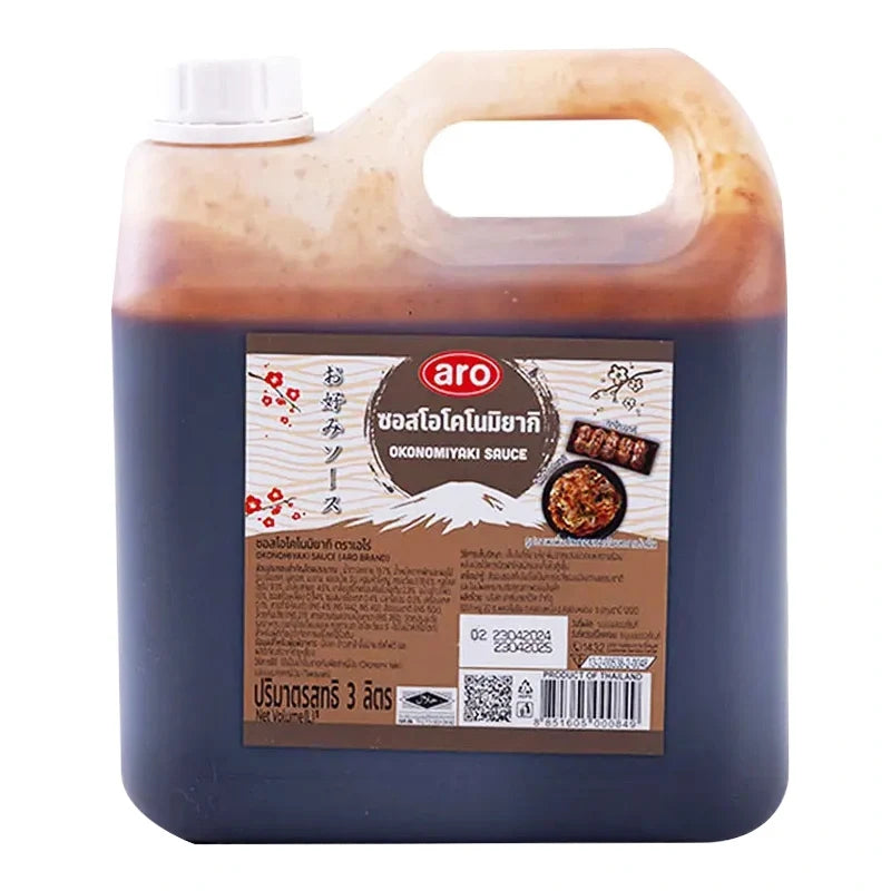 ARO Okonomi Sauce 3L bottle, Japanese-style dry grocery sauce for cooking and dipping, with a dark, thick consistency.