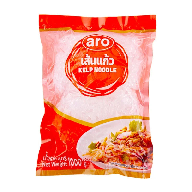 Dry 1kg package of ARO Kelp Noodles from the ARO brand, showing the unopened kelp noodle package in the image.