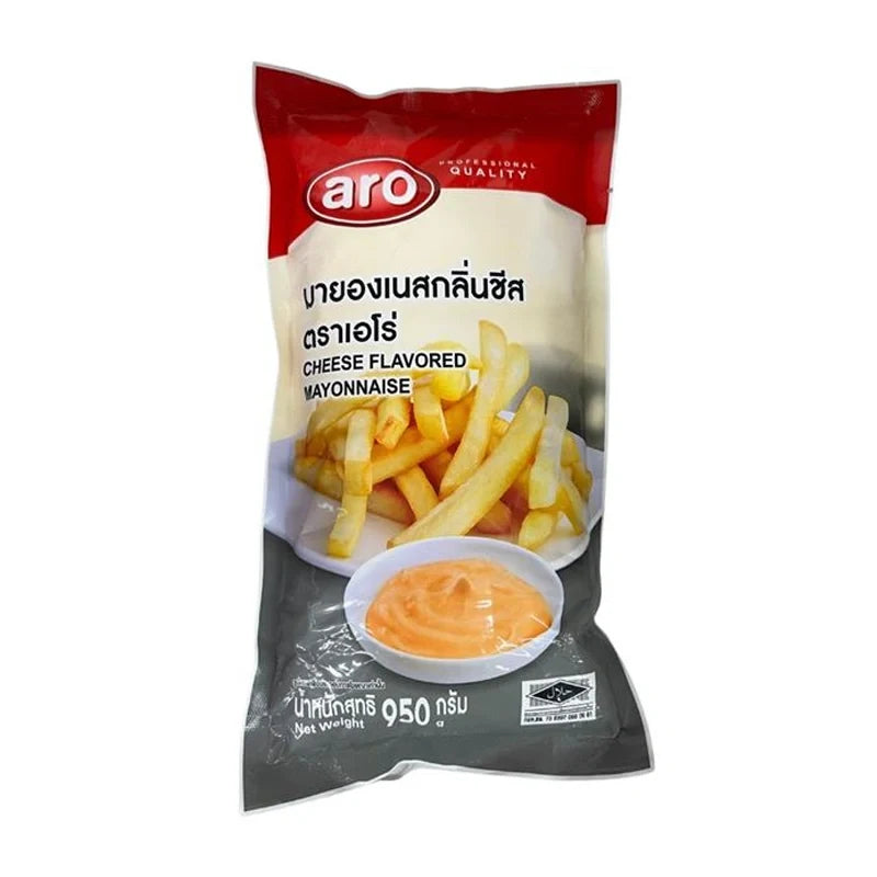 ARO cheese flavored mayonnaise in a 950g jar, dry grocery product with a creamy texture and cheese flavor.