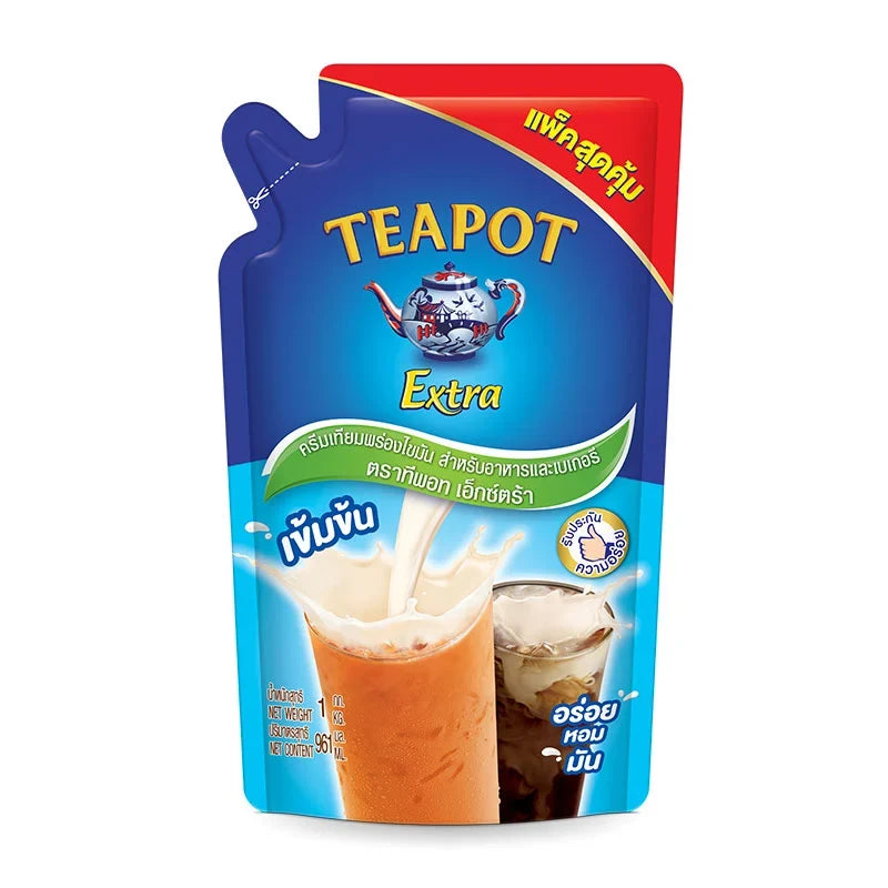 TEAPOT Extra Evaporated Creamer 1kg dry grocery product, close-up of white powdered creamer in packaging.