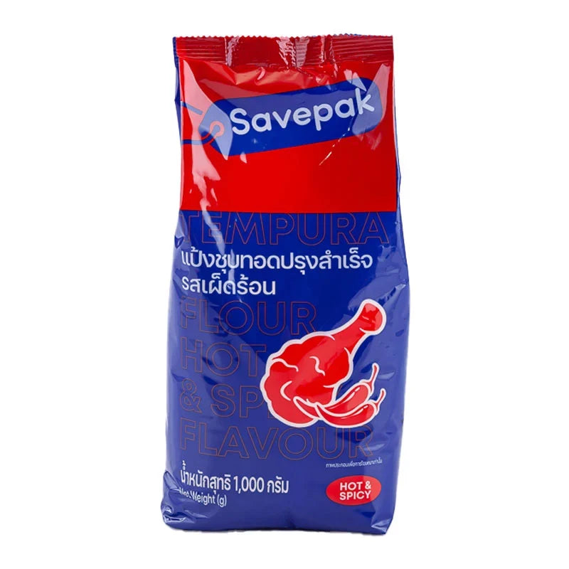 Savepak Tempura Flour Hot & Spicy flavor in 1kg pack, ideal for crispy, flavorful tempura dishes in dry grocery shopping.