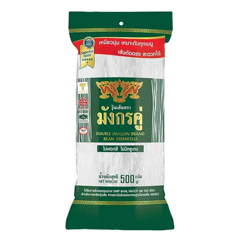 Double Dragon Bean Vermicelli 500g dry grocery package with transparent packaging showing thin, white bean vermicelli noodles.