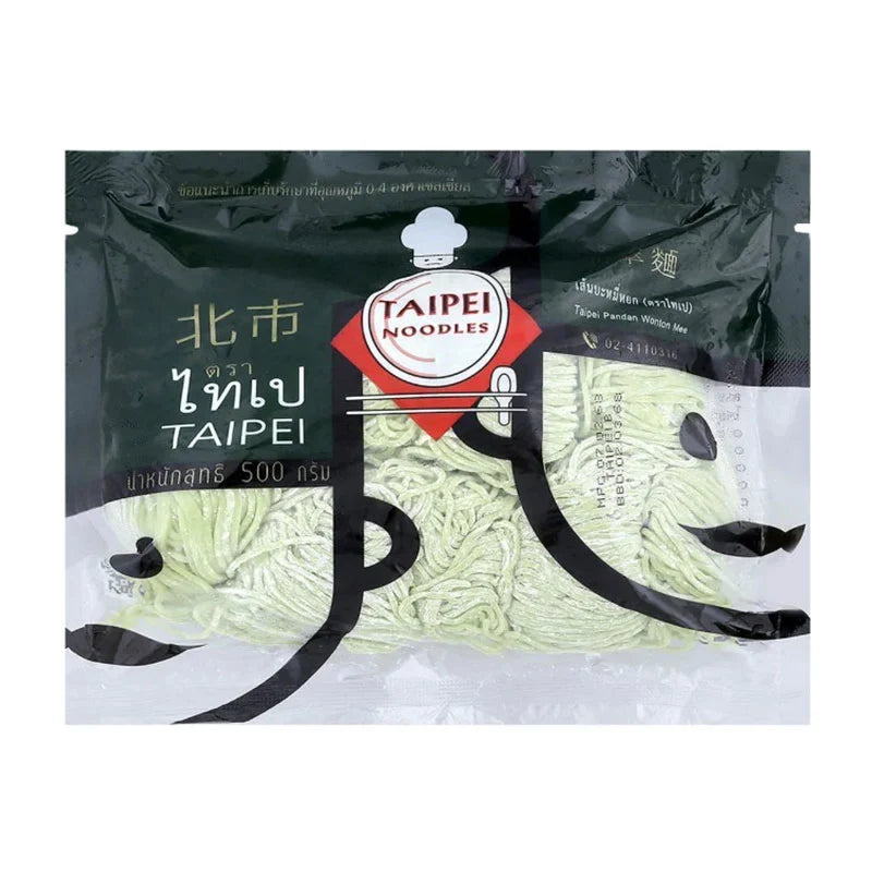 Taipei Green Noodle 500g, dry grocery product, showing fresh green noodles in a clear package from the TAIPEI brand.