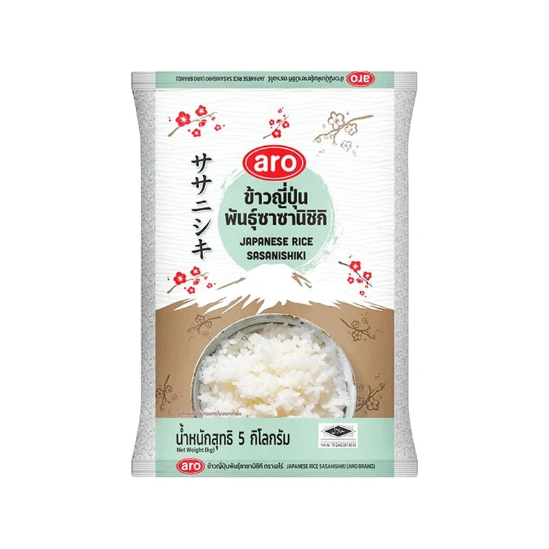 ARO Sasanishiki Japanese rice 5kg bag, premium dry grocery product, showcasing a close-up of the rice grains in a bag.