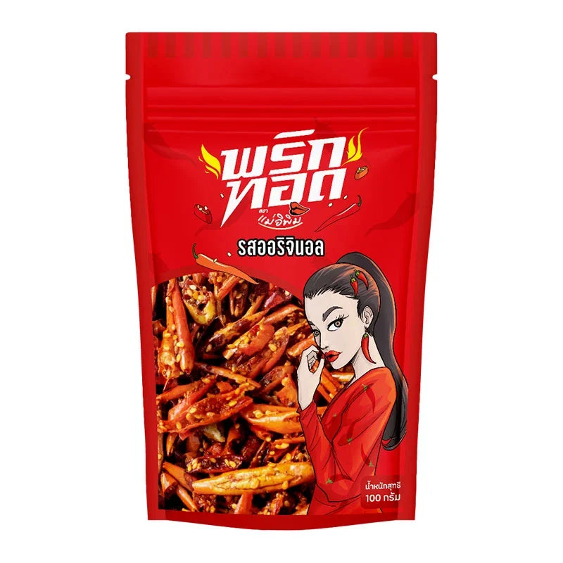 MAE E PIM Chili Snacks Original Flavour 100g, dry grocery snack with spicy chili flavor, in a colorful package.
