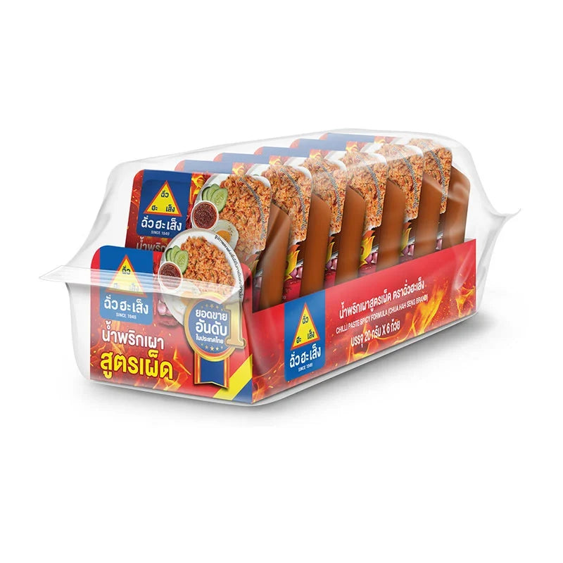 Chua HAH Seng Chili Paste Spicy Formula 20g x6, dry grocery product with red chili paste in six small jars, ideal for cooking.