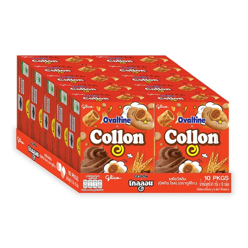 Collon Biscuit Roll Ovaltine 41g pack, a dry grocery snack with chocolate and oat flavor, showing the biscuit rolls on the package.