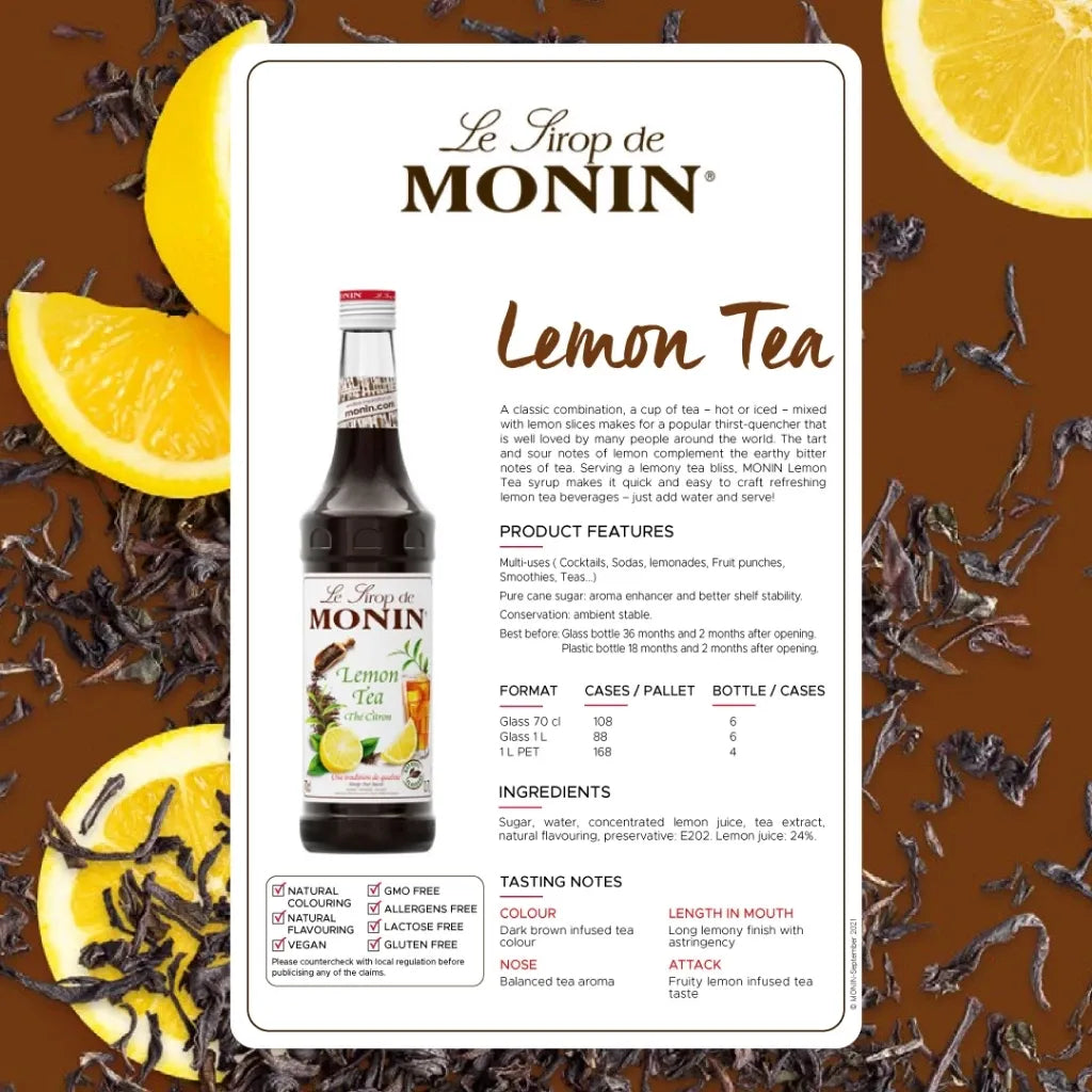 Monin Lemon Tea Syrup 700ml bottle for adding lemon flavor to tea and beverages in dry grocery category.