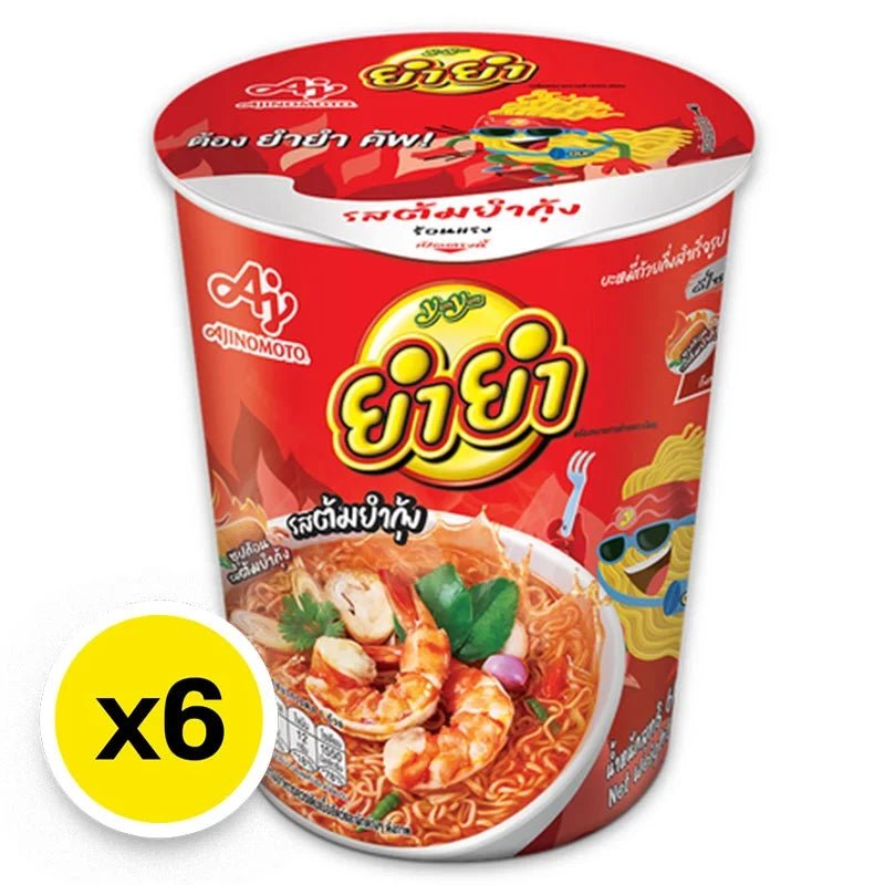 YUMYUM Cup Instant Noodle Tom Yum Kung flavor, 60g, dry grocery product, with spicy soup and noodles in a cup.