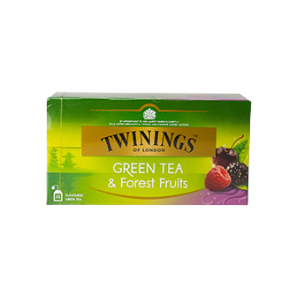 Twinings Green Tea with Forest Fruits in a cup, showcasing the herbal tea blend with fresh fruit pieces and vibrant green color.
