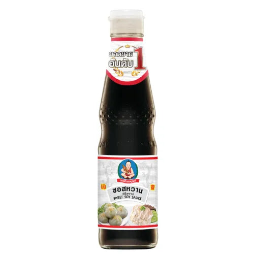 Deksomboon Sweet Soy Sauce 400g bottle, traditional Thai dry grocery condiment with dark, thick soy sauce for cooking and dipping.