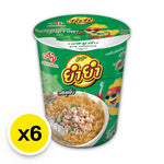 YUMYUM Cup Instant Noodles with Minced Pork, 60g each, in a pack of six, featuring dry grocery packaging and a bowl of prepared noodles