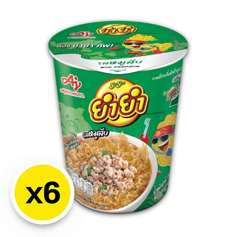 YUMYUM Cup Instant Noodles with Minced Pork, 60g each, in a pack of six, featuring dry grocery packaging and a bowl of prepared noodles