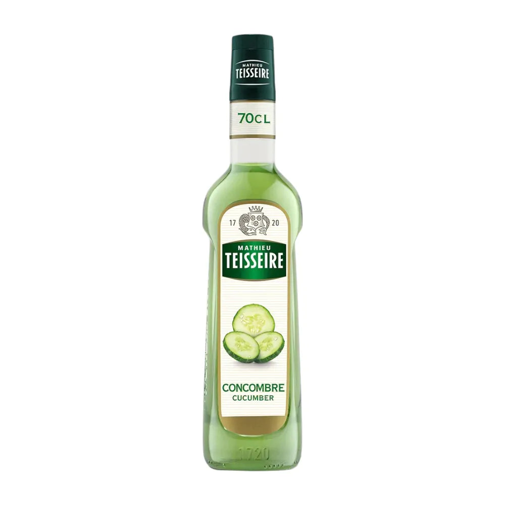 Mathieu Teisseire cucumber syrup bottle, 700ml, in a clear plastic container with a green label, for flavoring beverages.