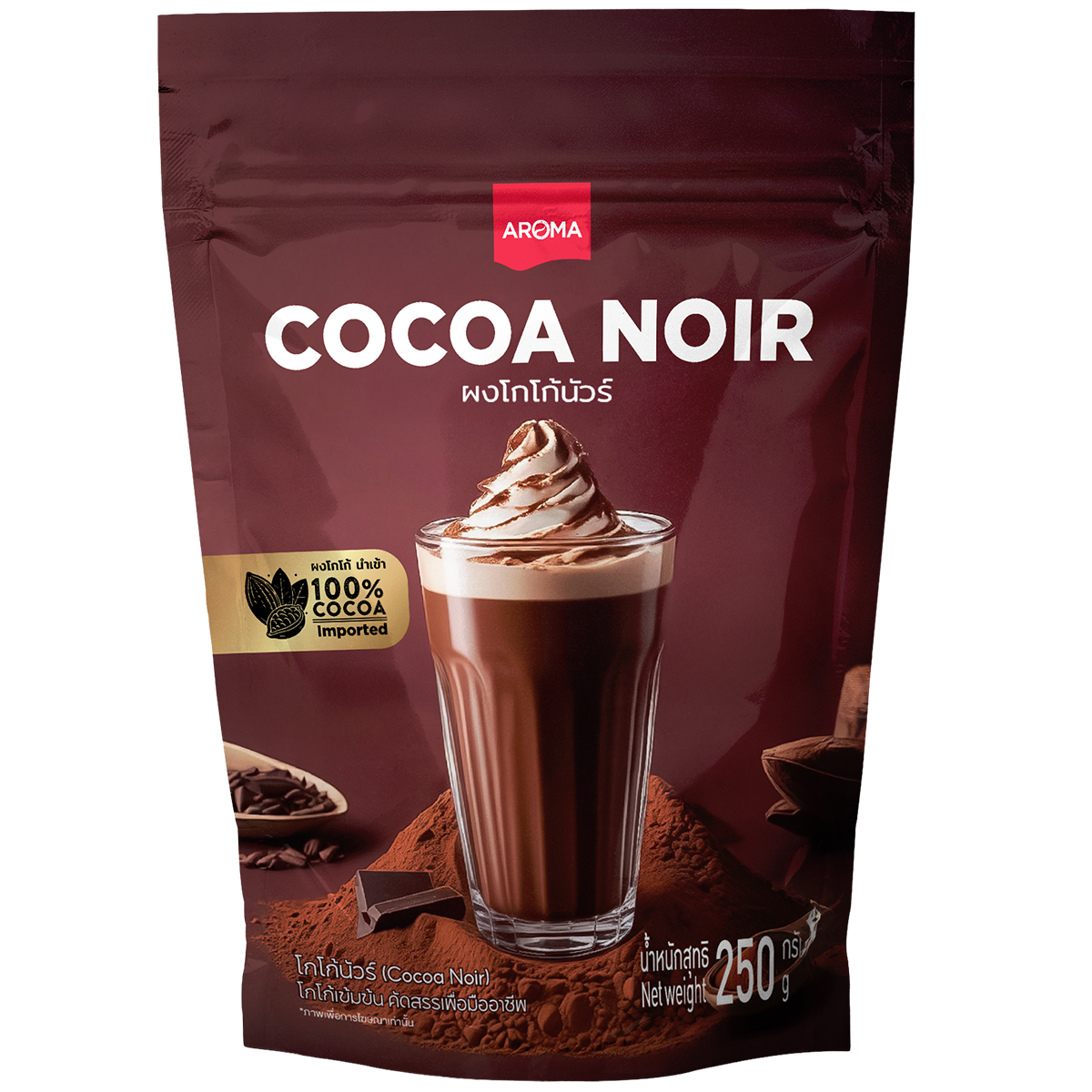 Aroma Cocoa Noir drink in a glass with a rich, dark chocolate color and smooth texture, served with a straw.