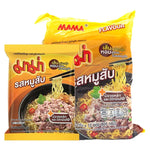 Mama Instant Noodles Minced Pork Flavor 60g, pack of 10, dry grocery product with cooked noodles and seasoning packet.