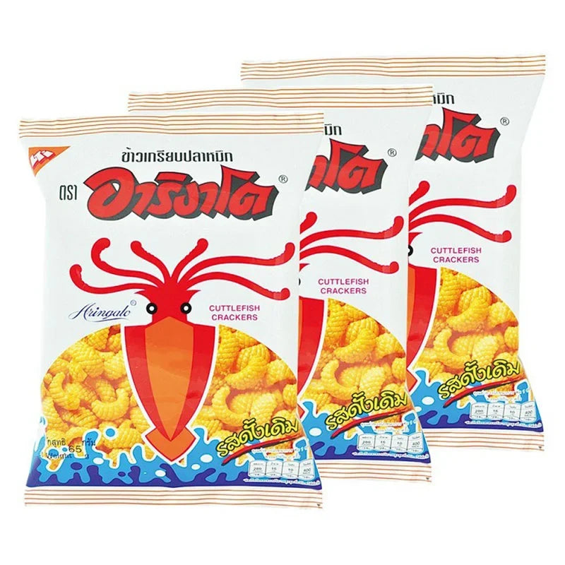 Arigato Cuttlefish Cracker snack, 50g packs, featuring crispy, seasoned cuttlefish in a dry grocery snack image.