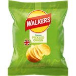 Walkers Pickled Onion Crisps, Confectionery Snacks, showing a bowl of crispy, flavored pickled onion potato chips in bright packaging.