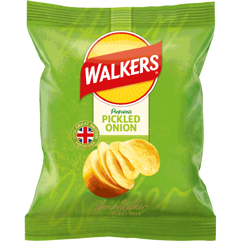 Walkers Pickled Onion Crisps, Confectionery Snacks, showing a bowl of crispy, flavored pickled onion potato chips in bright packaging.