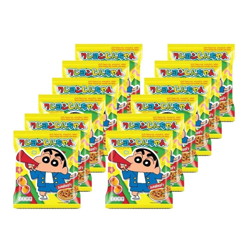 Shinchan Crispy Corn Pizza snack pack, 11g x12, dry grocery snack, crunchy corn-flavored snack from Shinchan brand.