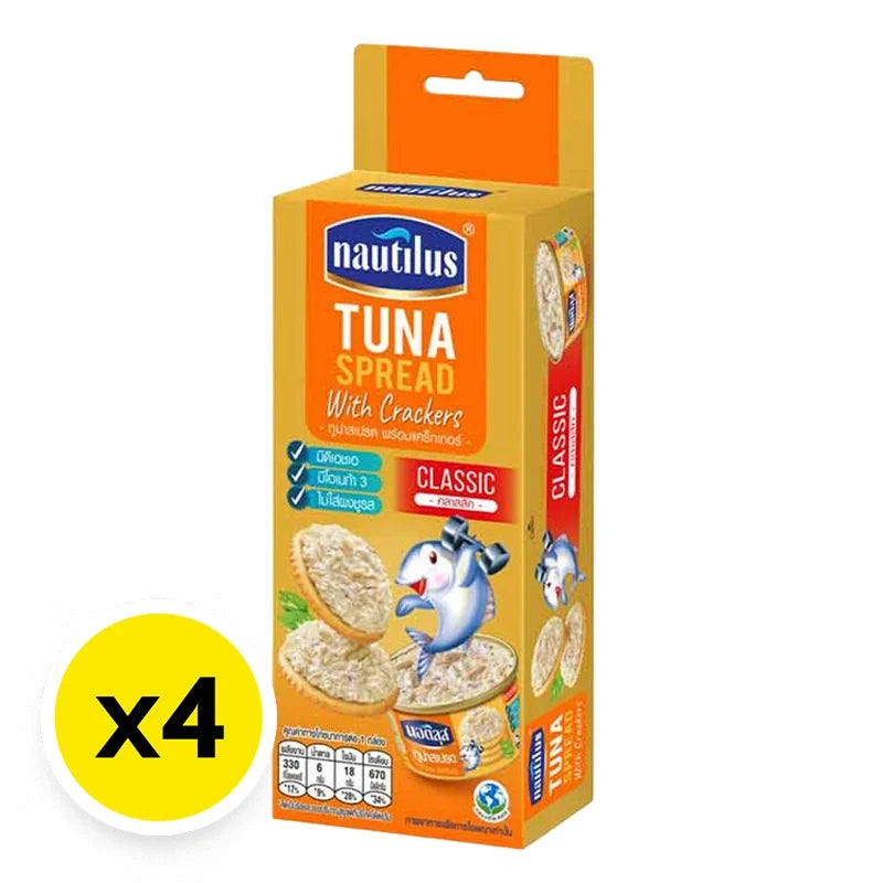Nautilus Tuna Spread with Crackers 85g x4, dry grocery product, featuring a can of tuna spread and crispy crackers.