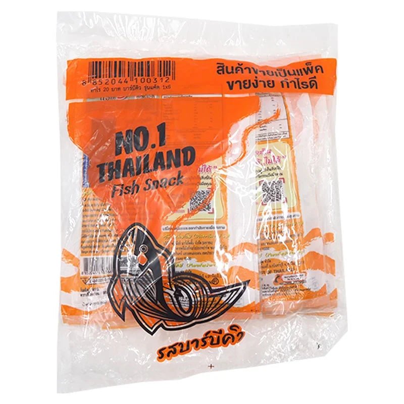 Six packs of TARO Taro Fish Snack BBQ in 20g servings, crispy dried fish snacks for savory snacking enjoyment.