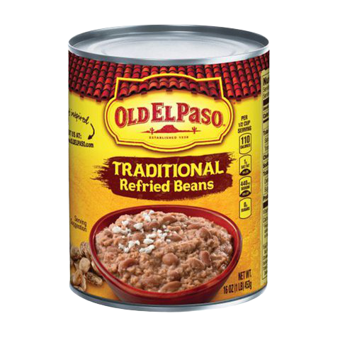 Old El Paso refried beans in a grocery can, showcasing smooth, creamy refried beans ready for cooking or serving.