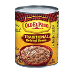 Old El Paso refried beans in a grocery can, showcasing smooth, creamy refried beans ready for cooking or serving.