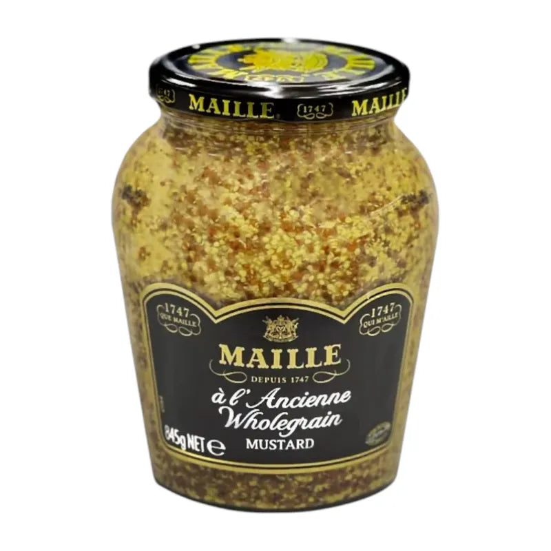 Jar of Maille Wholegrain Mustard in a glass container with a yellowish-brown mustard visible inside.