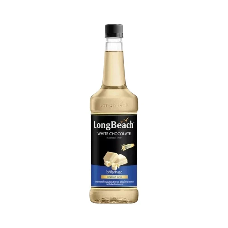 LongBeach Zero Calories White Chocolate Syrup bottle, dry grocery product with white chocolate flavor, ideal for coffee and desserts.