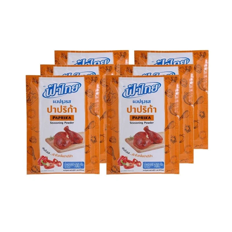 Fathai paprika seasoning powder in six 100g packs, dry grocery product with vibrant red paprika spice in clear packaging.