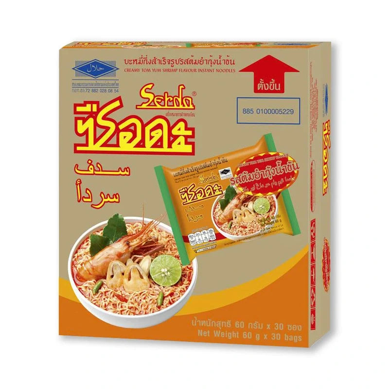 Serda Tom Yum Kung instant noodle pack, 60g x30, dry grocery product with spicy Thai flavor and shrimp ingredients.