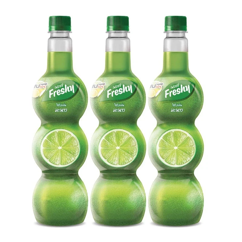 Freshy Lime Flavored Syrup 710ml, three bottles, in dry grocery category, with vibrant lime branding and clear labeling.