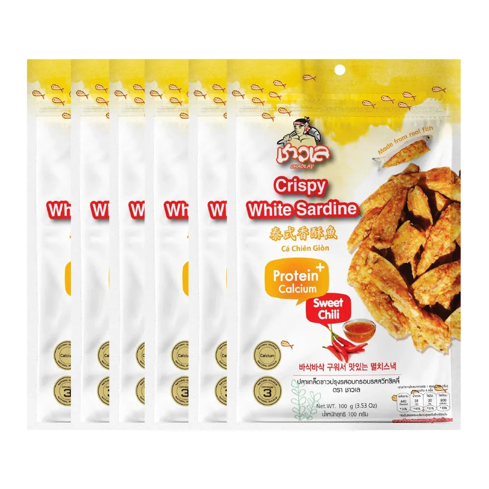 Six packs of CHAOLAY Crispy White Sardine snack, 100g each, in a colorful packaging, ideal for Confectionery and snack lovers.