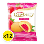 Dewberry Puff Cake with strawberry flavor, 15g snack, showing a light, crispy puff cake with strawberry filling in a package.