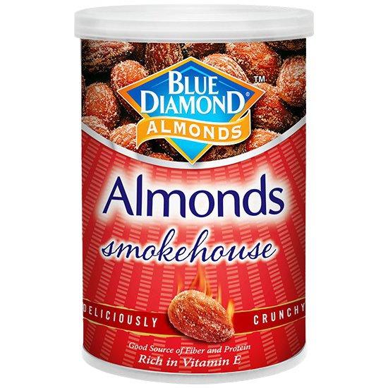 Blue Diamond Smokehouse Almonds, crunchy confectionery snack with smoked flavor, shown in a close-up image.