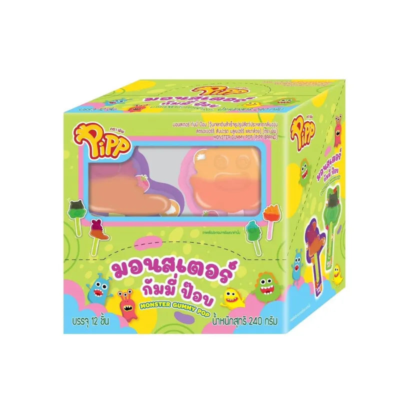 PIPP Pipp Monster Gummy POP 20g snack, colorful chewy candies in a clear bag, perfect for dry grocery and confectionery.
