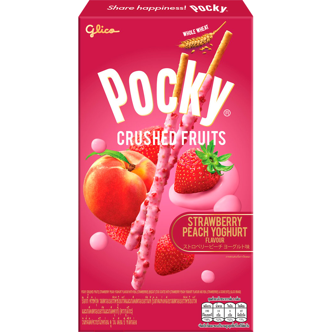 Glico Pocky Crushed Fruits Strawberry confectionery snacks with biscuit sticks coated in strawberry-flavored crushed fruit topping.