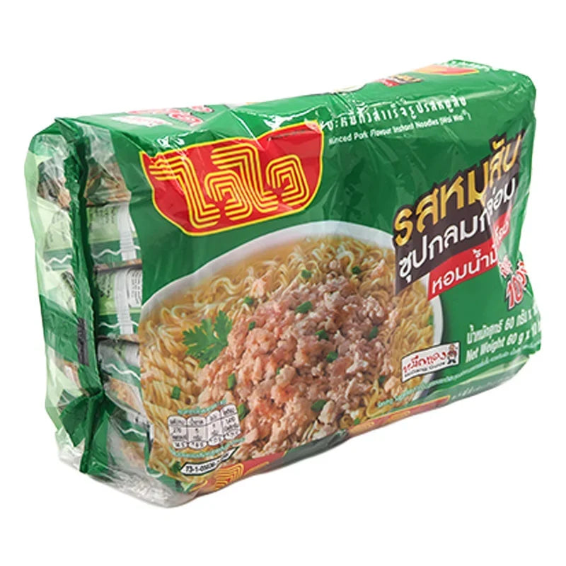 WAIWAI Instant Noodle with minced pork in 60g dry grocery package, showing the noodle packet with pork flavor and branding.