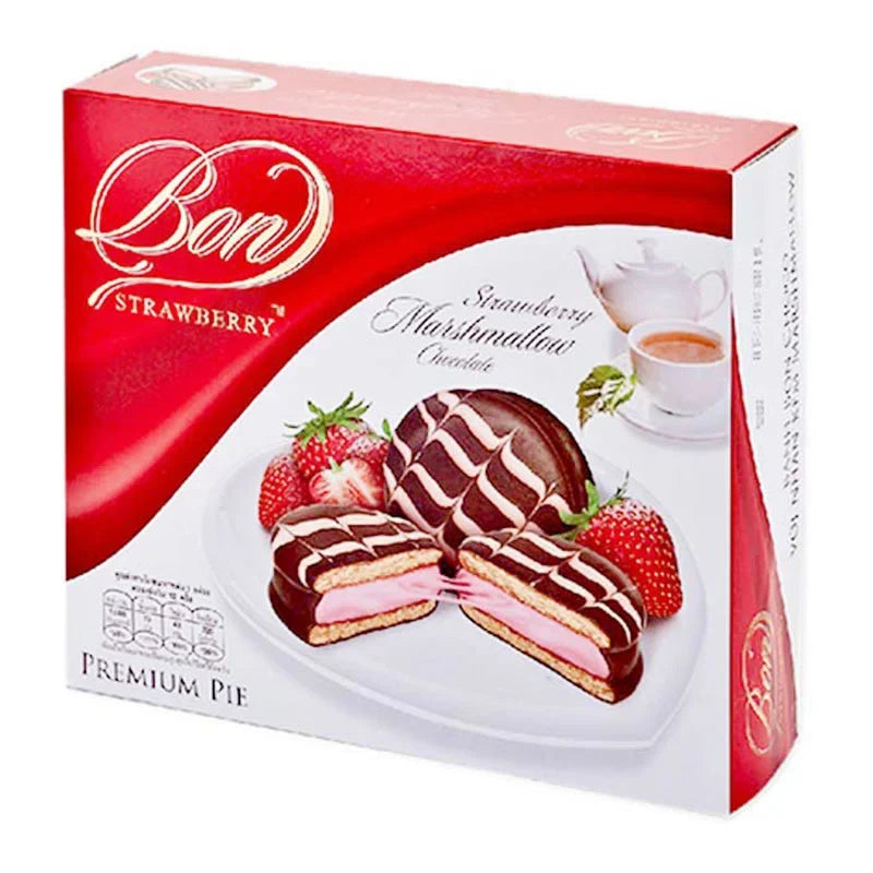 BON Chocolate Marshmallow Strawberry Pie 22g, a pack of 12 dry grocery snack bars with rich chocolate, marshmallow, and strawberry flavor.