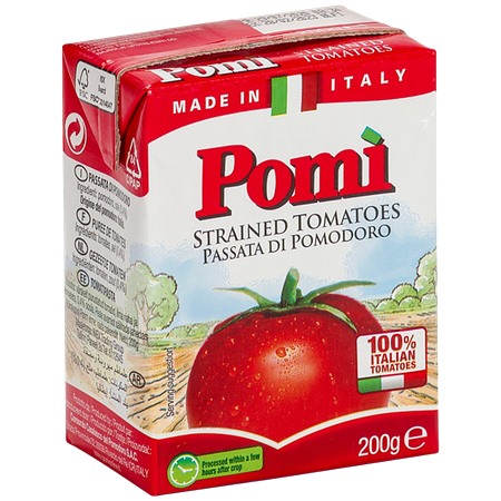 Jar of Pomito Tomato Sauce with fresh tomatoes and herbs, ready for cooking or as a condiment in a grocery setting.