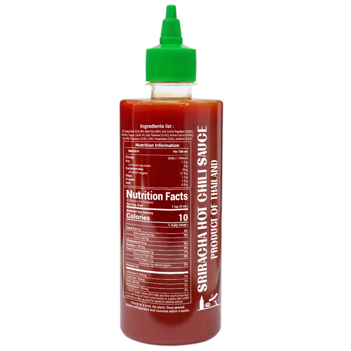 J-Lek Sriracha Hot Chili Sauce bottle with bright red label, featuring spicy chili peppers, on a grocery shelf.