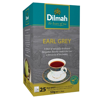 Dilmah Earl Grey tea bags in a box, aromatic black tea with bergamot flavor, for brewing hot or iced tea.