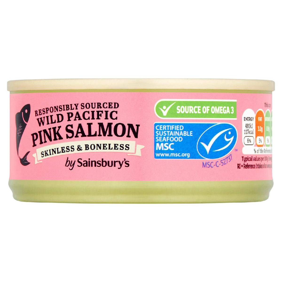 Sainsbury's pink salmon fillet, skinless and boneless, fresh grocery seafood product on a white background.
