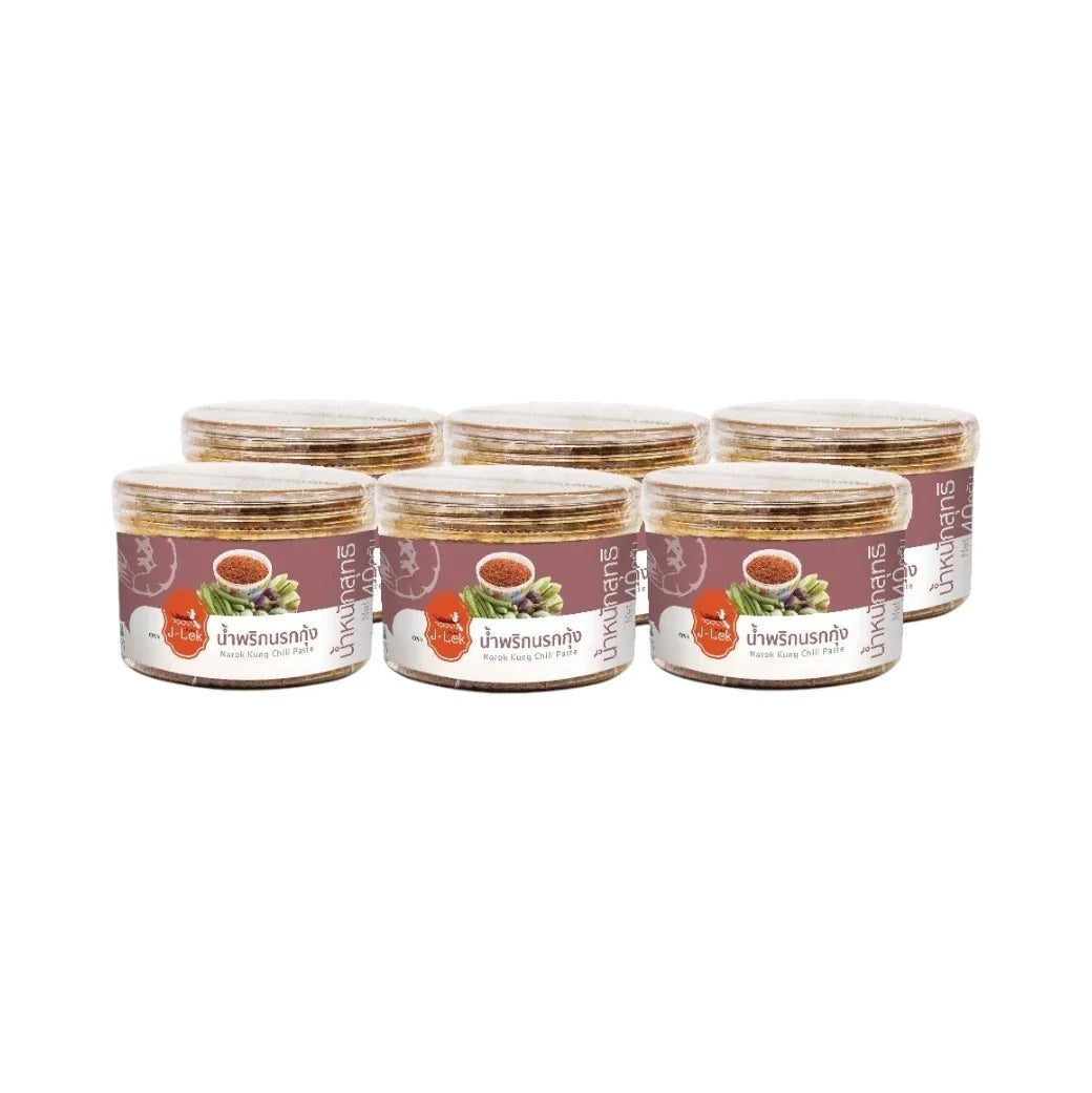 J-LEK Jae Lek Shrimp Chili Paste in 40g plastic jar, dry grocery product with red chili and shrimp ingredients.